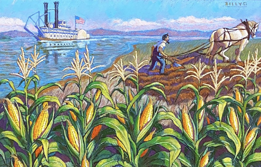 Billyo, River Scene with Plowman in Cornfield with Paddlewheeler in the Distance
Pastel