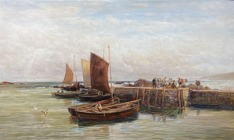 Charles Thomas Burt, Harbor Scene with Boats Docked and Fisherman Unloading Catch
1888, Oil on Canvas