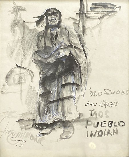 J. Simmons, Sketch of “Old Shoes” Jerry Mirable, Taos Pueblo Indian
1979, Mixed Media