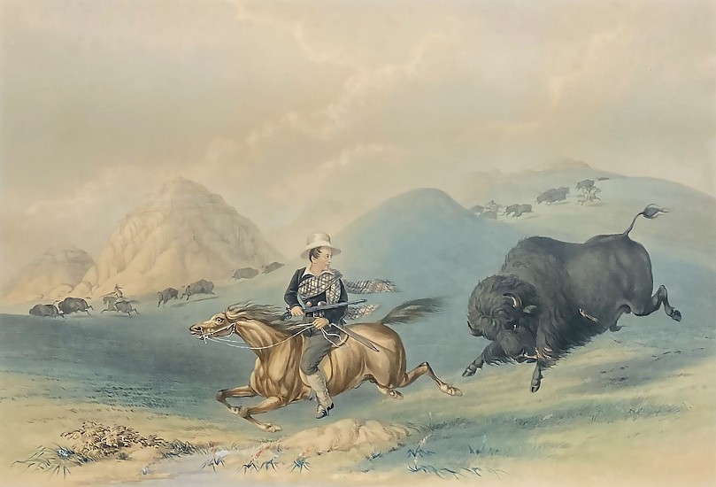 George Catlin, Buffalo Chasing Indians
1840, Hand Colored Stone Lithograph