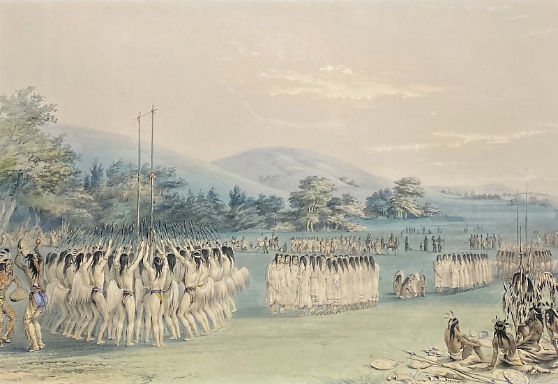 George Catlin, Indian Field Ceremony in the Foothills
1840, Hand Colored Stone Lithograph