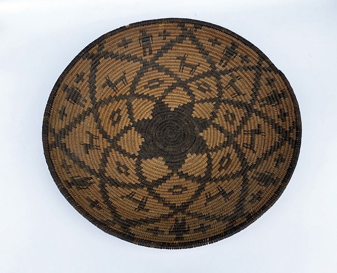 Apache, Large Woven Basket Tray with Dog and Human Figures in Geometric Motif<br />
Early 20th Century, Coiled Basket Tray