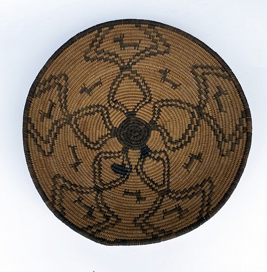 Apache, Small Woven Basket Tray with Dogs in Geometric Motif<br />
Early 20th Century, Coiled Basket Tray