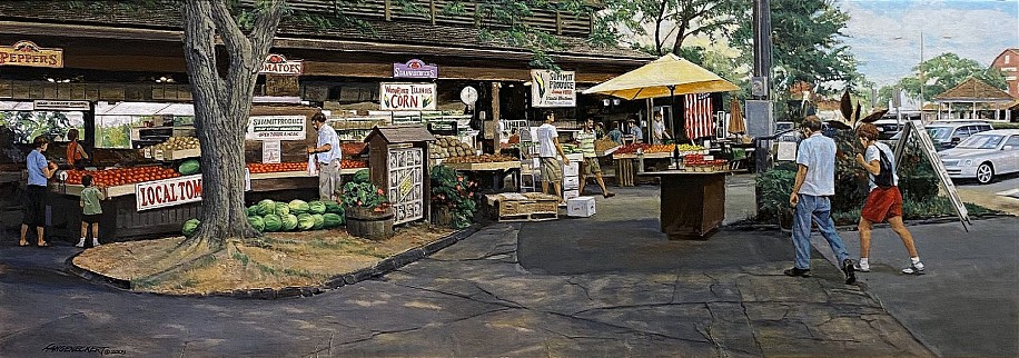 Don Langeneckert, Kirkwood Farmers Market with Stars and Stripes
2009, Oil on Canvas Laid To Masonite