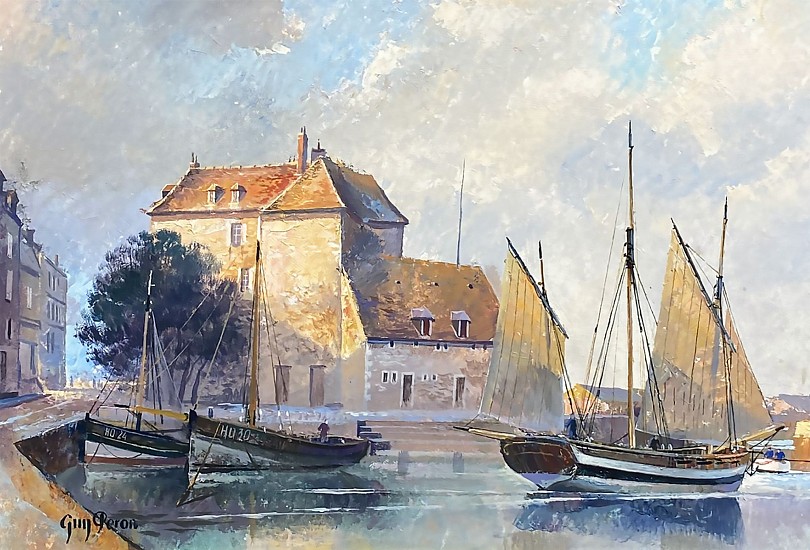 Guy Peron, Village Harbor with Sailboat
Oil on Board