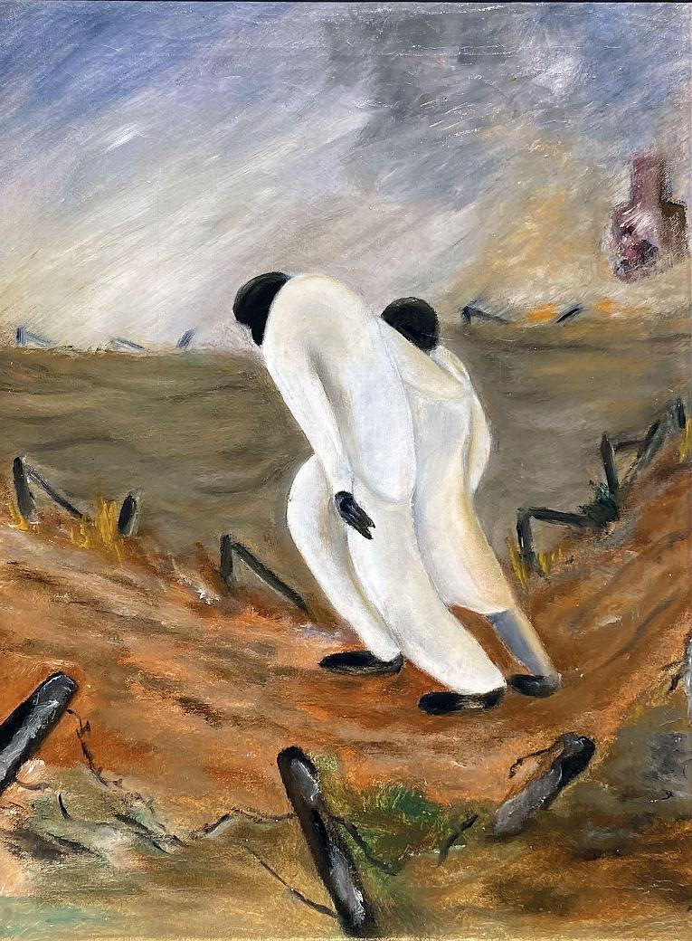 Going to the Baptism (Two African American Figures in White Walking on Pathway in Field)