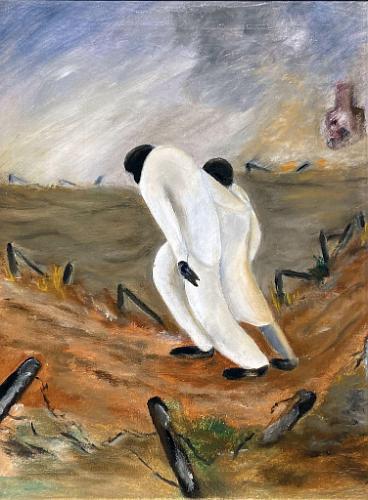 Going to the Baptism (Two African American Figures in White Walking on Pathway in Field)