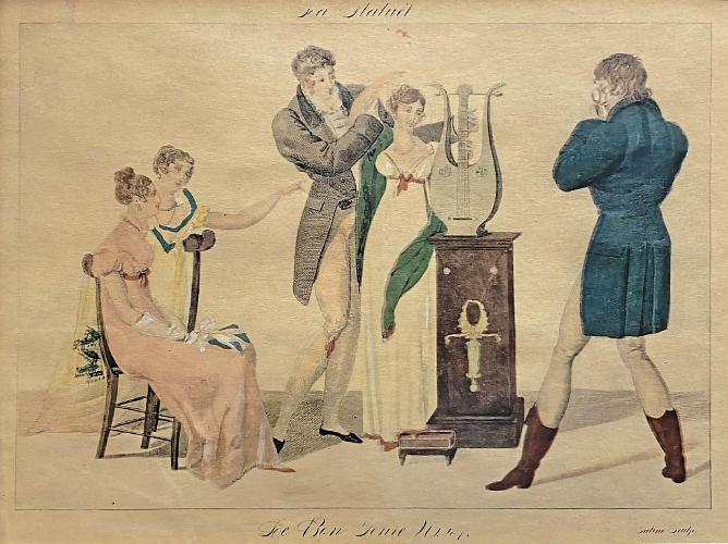 Party Scene with Two Gentlemen in Coats and Three Maids