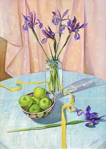 Still Life with Green Apples and Iris
