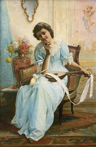 French Drawing Room Interior Scene with Seated Lady