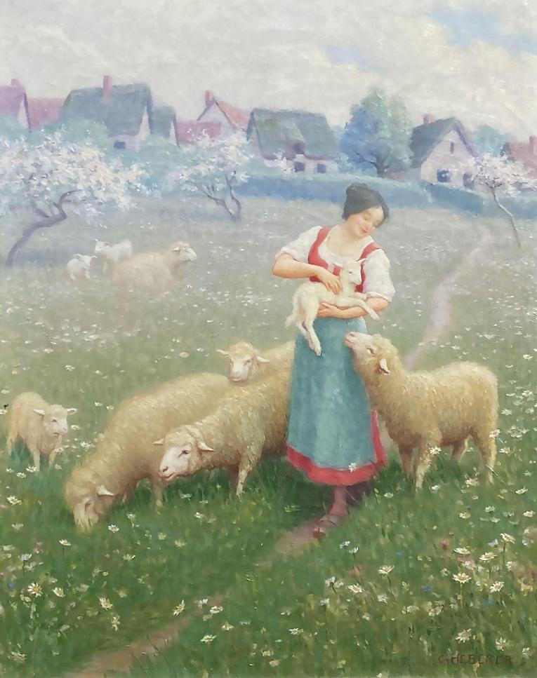 Woman with Sheep in Field