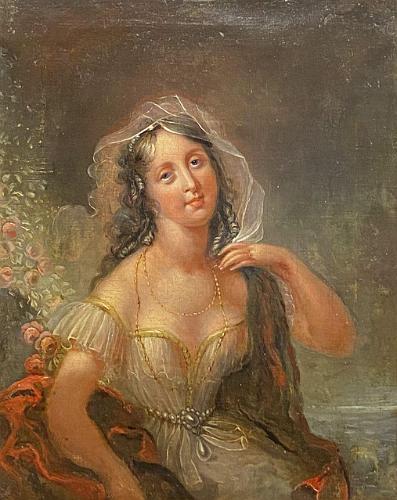 Portrait of a Woman with Red Shawl and Lace Scarf Upon Her Head