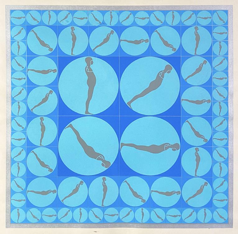 Falling Man Series (Grid Pattern Print, Images in Blues, Silver)
