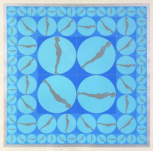 Falling Man Series (Grid Pattern Print, Images in Blues, Silver)