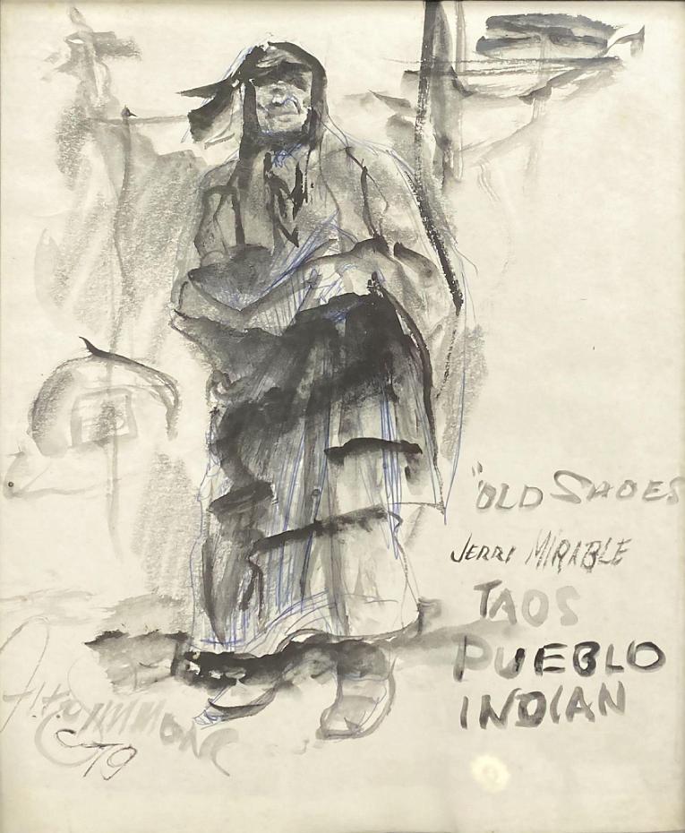 Sketch of “Old Shoes” Jerry Mirable, Taos Pueblo Indian