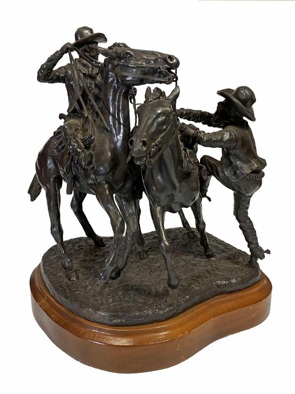 Preparing to Ride, Two Cowboys with Two Horses
