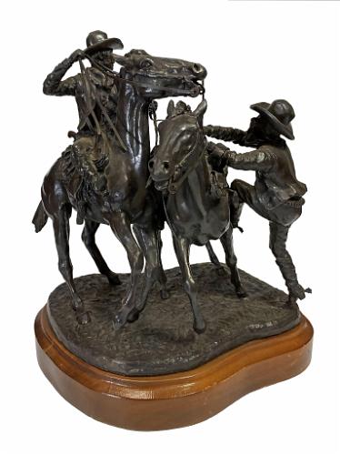 Preparing to Ride, Two Cowboys with Two Horses