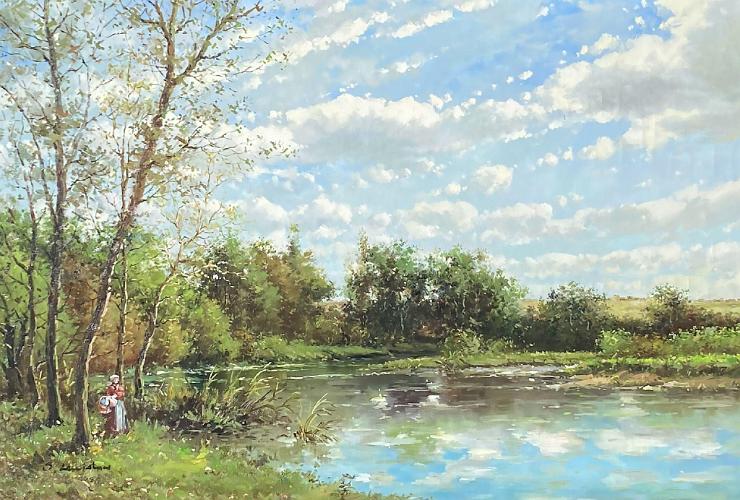 Landscape with Lake and Figure with Basket