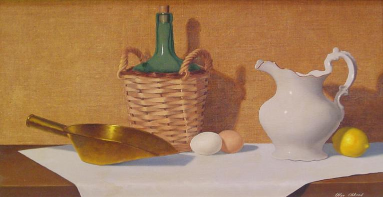 Pitcher, Wine Bottle in Basket, Eggs & Lemon