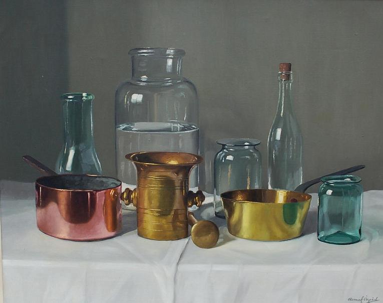 Still Life of Clear Glass, Bottles, Copper  and Bronze Pans