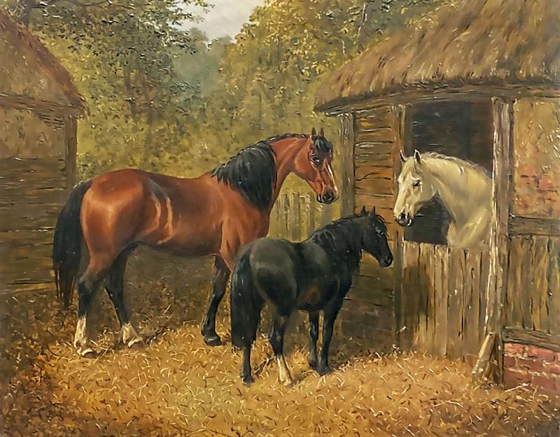Three Horses Near a Stable