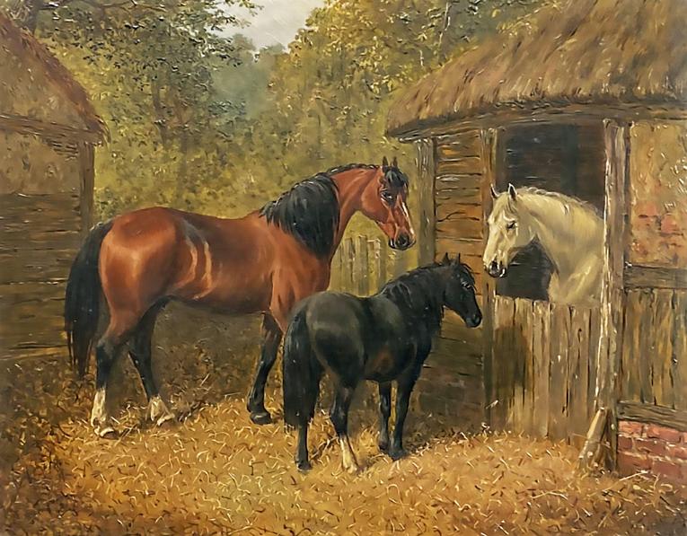 Three Horses Near a Stable