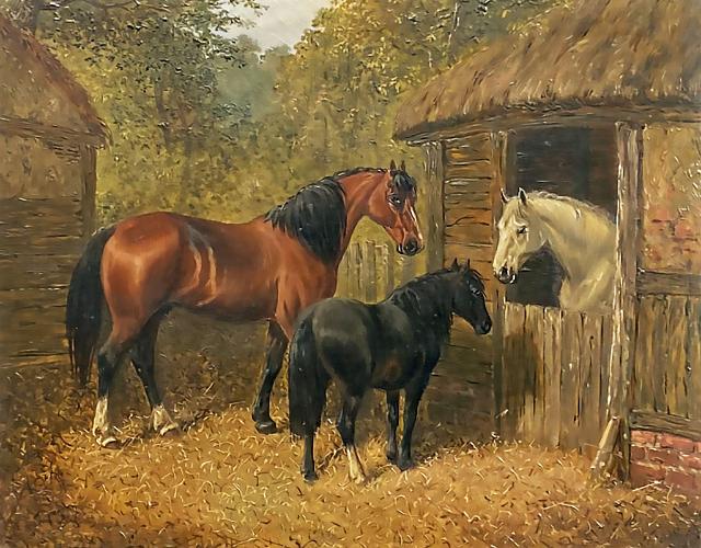 Three Horses Near a Stable