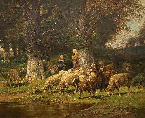 Woman Knitting with Boy and Dog Amongst Flock