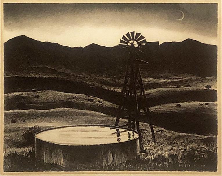 Western Scene with Water Trough and Windmill